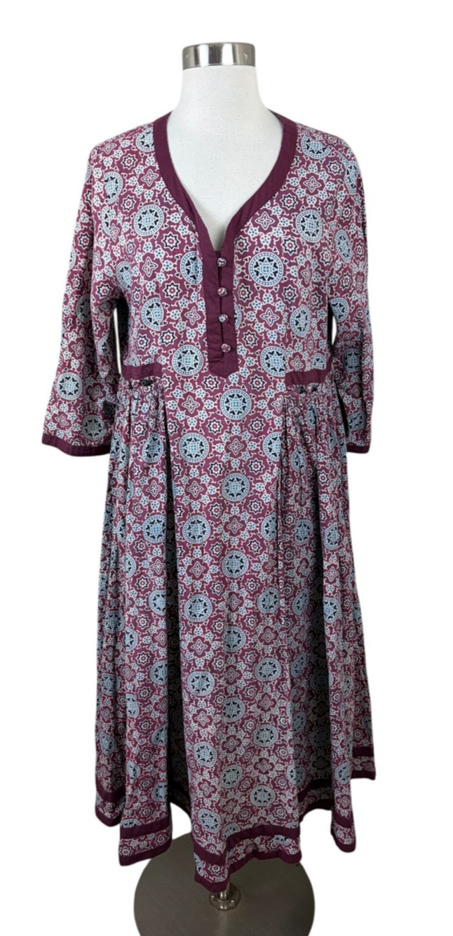 April Cornell Burgundy Rose Cotton Print Midi Dress Size M Pockets Boho Cottage